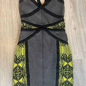 bebe Black and Yellow Geometric Midi Dress